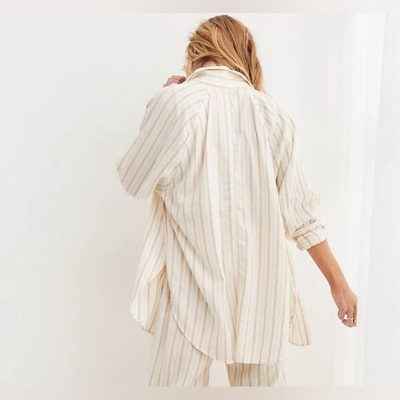 aerie XS Ivory Tan Vertical Stripe Pool-to-Party Linen Blend Cover up Shirt - Picture 9 of 17